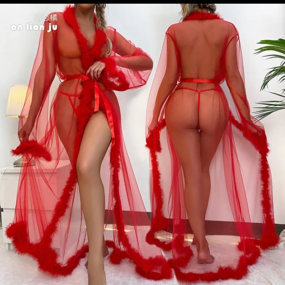 Red Sheer Feather-Trimmed Robe
